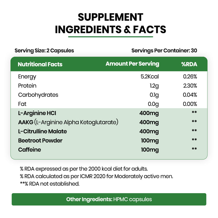 Vlado's Himalayan Organics Nitric Oxide 1400mg With L-Arginine HCI Caffeine Supplement | Good For Muscle Growth, Stamina, Recovery, Immune Booster & Energy- 60 Veg Capsules