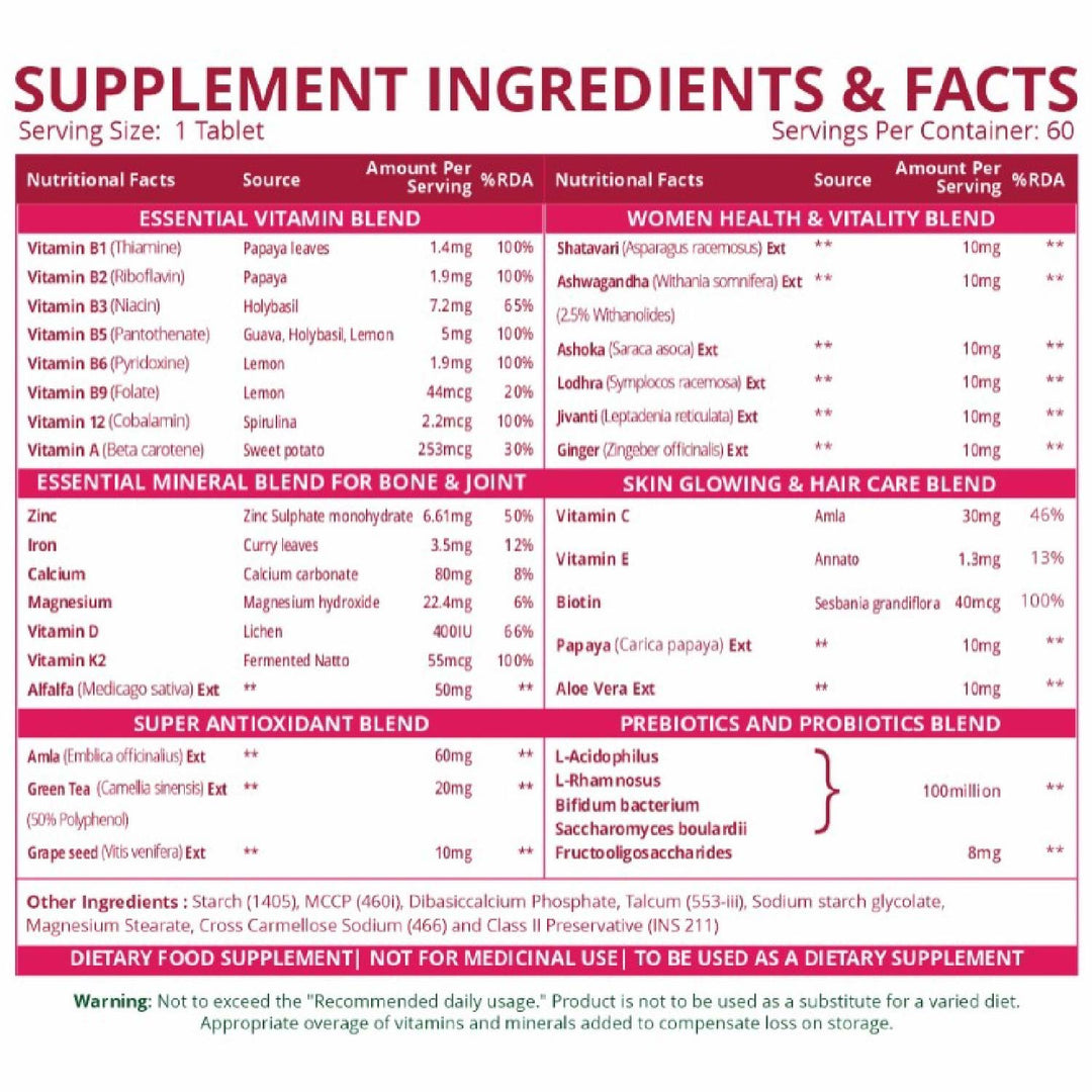 Vlado's Himalayan Organics Multivitamin with Probiotics for Women | 60 Veg Tabs | 60 + Natural Extracts, Essential Vitamins & Minerals |Vitamin D3, B12, Calcium, Curcumin & Biotin