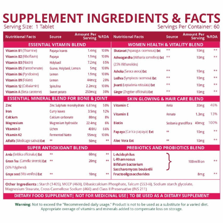 Vlado's Himalayan Organics Multivitamin with Probiotics for Women | 60 Veg Tabs | 60 + Natural Extracts, Essential Vitamins & Minerals |Vitamin D3, B12, Calcium, Curcumin & Biotin