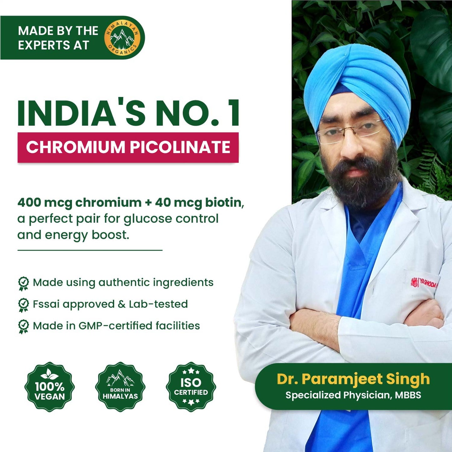 Vlado's Himalayan Organics Chromium Picolinate 400mcg | Supports Healthy Blood Sugar Level | Healthy Heart | Essential For Weight Management - 120 Veg Capsule