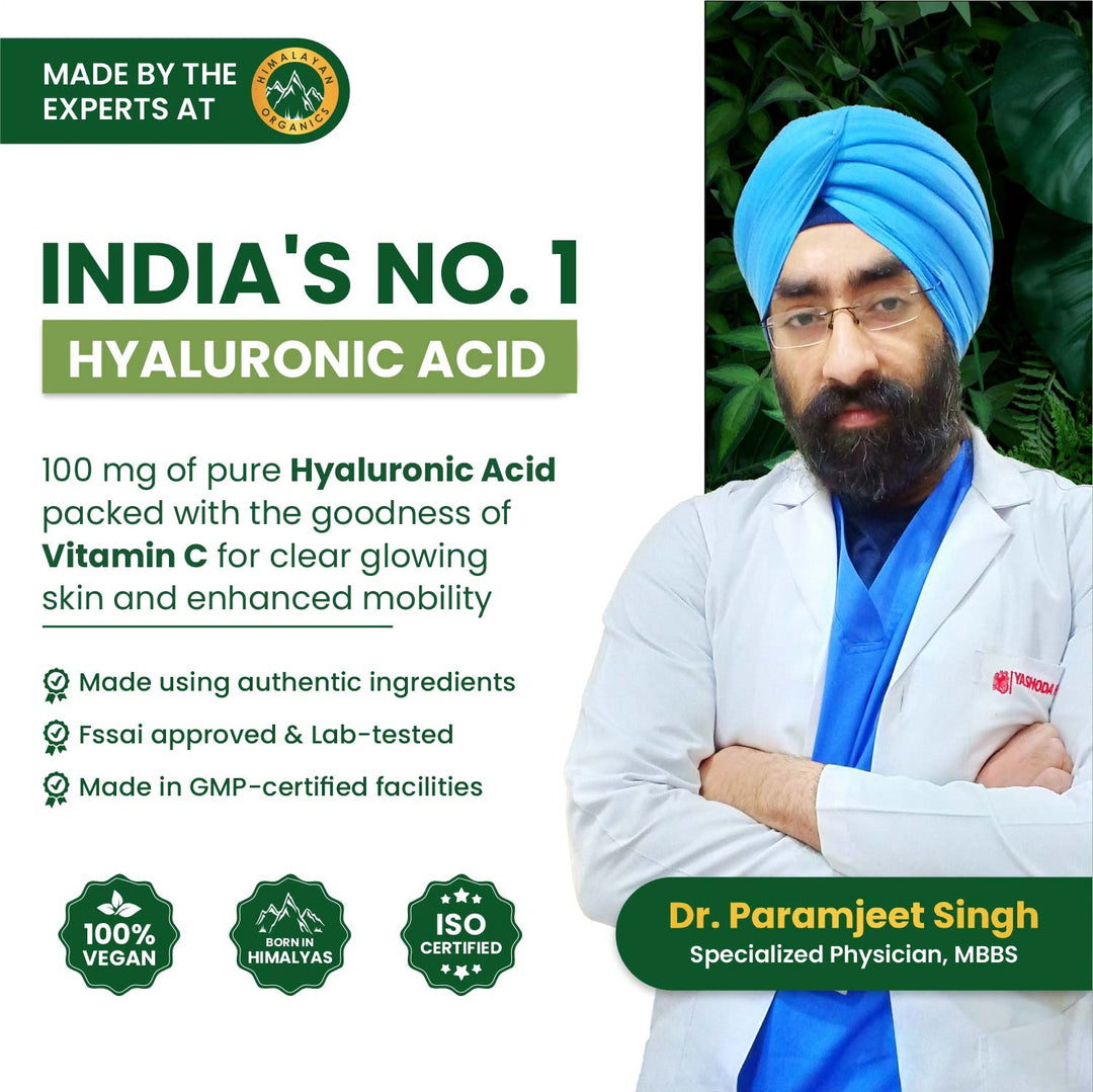 Vlado’s Himalayan Organics Hyaluronic Acid 100mg Supplement | Support Healthy Connective Tissue and Joints | Promote Youthful Glowing Skin - 90 Veg Capsules