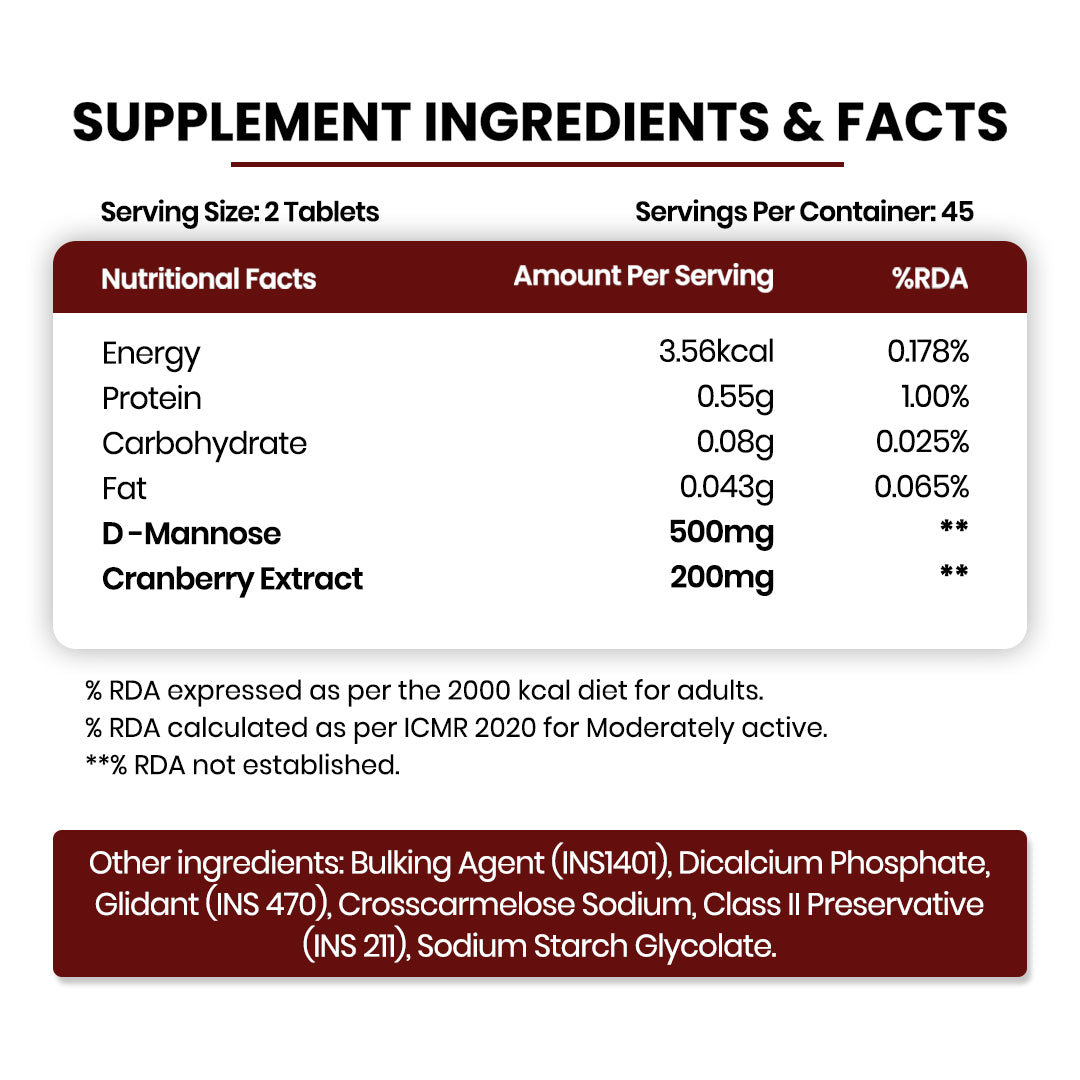 Vlado's Himalayan Organics D-MANNOSE + CRANBERRY Antioxidant Rich Supplement for Kidney Health & Urinary Tract Infection - 90 Tablets