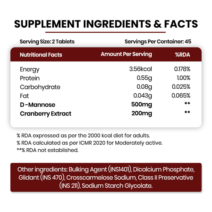 Vlado's Himalayan Organics D-MANNOSE + CRANBERRY Antioxidant Rich Supplement for Kidney Health & Urinary Tract Infection - 90 Tablets