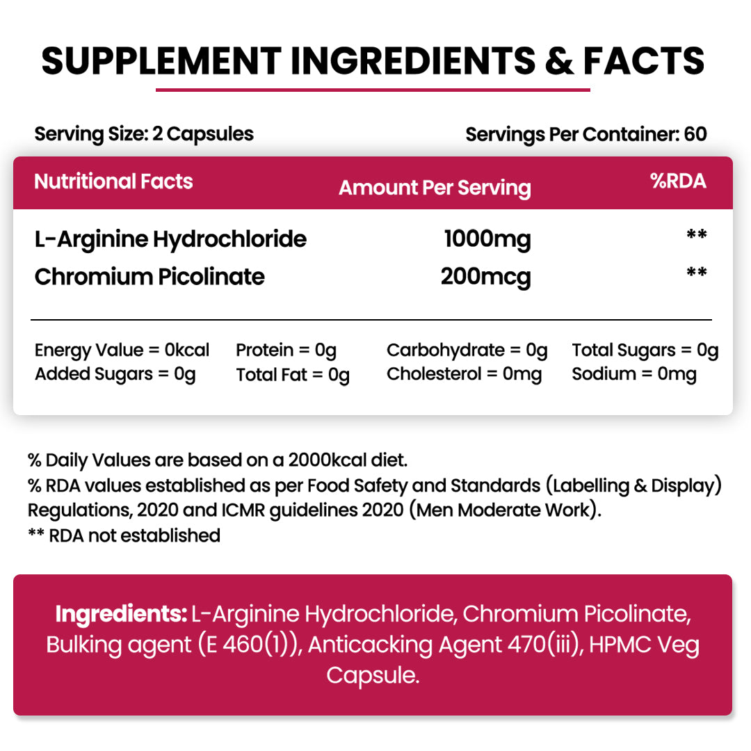 Vlado's Himalayan Organics L-Arginine 1000 mg With Chromium Picolinate Supplement | Improve Muscle Growth Boost Energy And Stamina | Good For Men And Women - 120 Veg  Caps
