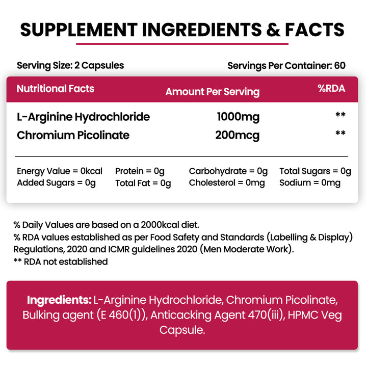 Vlado's Himalayan Organics L-Arginine 1000 mg With Chromium Picolinate Supplement | Improve Muscle Growth Boost Energy And Stamina | Good For Men And Women - 120 Veg  Caps