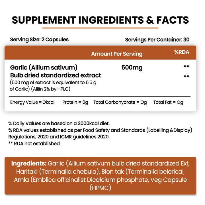 Vlado’s Himalayan Organics Garlic Extract 500Mg Supplement | Extract (1:13) Allium Sativum - 2% | Improve Heart Health, Boost Immunity, Maintain Cholesterol Level - 60 veg Capsules