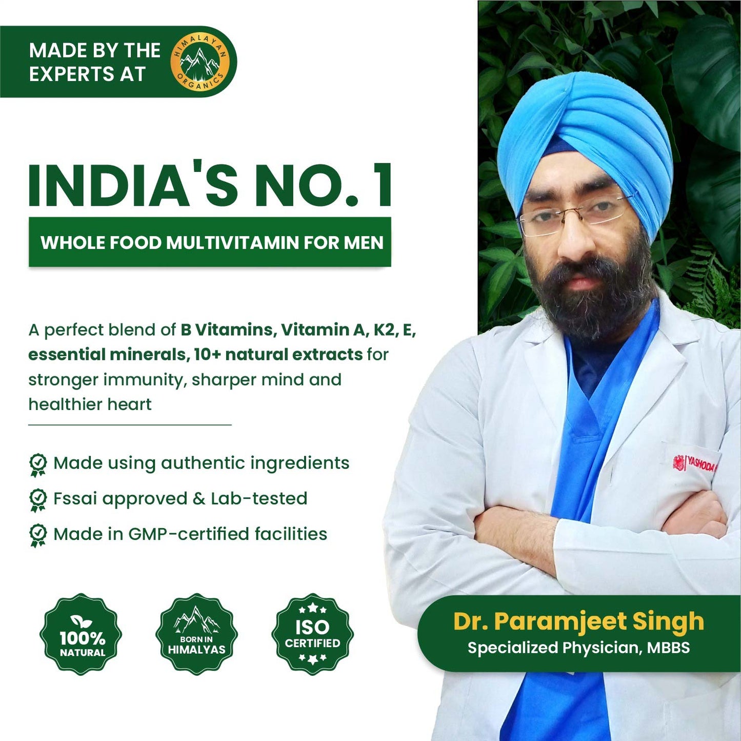 Vlado's Himalayan Organics Whole Food Multivitamin for Men with Vitamins, Minerals, Extracts | For Energy, Brain, Heart Health & Eye Health - 60 Veg Capsules