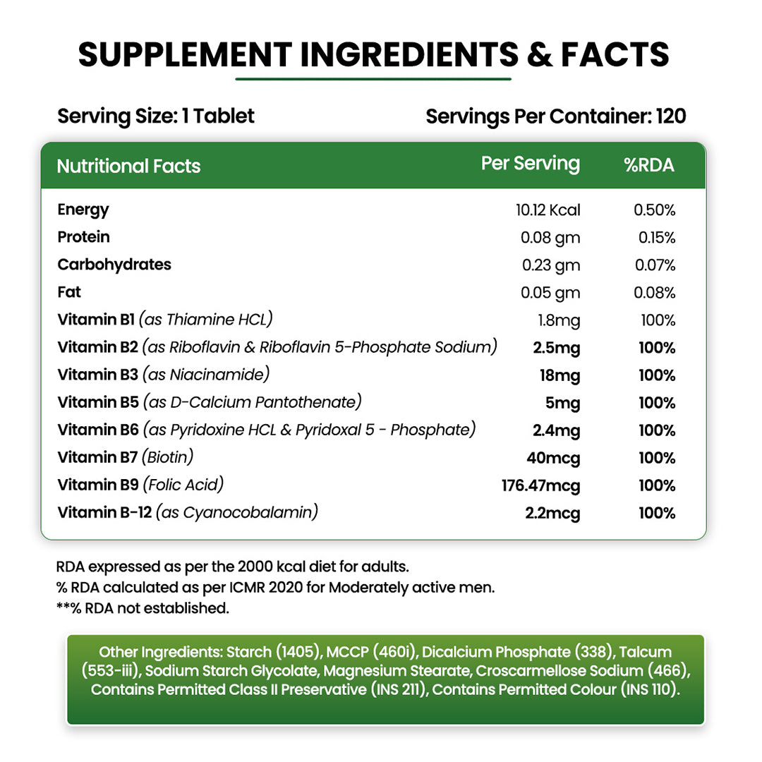 Vlado's Himalayan Organics Vitamin B Complex with 100% RDA B1, B2, B3, B5, B6, B7, B9 & B12 Supplement to Support Cognitive Health - 120 Veg Tablets