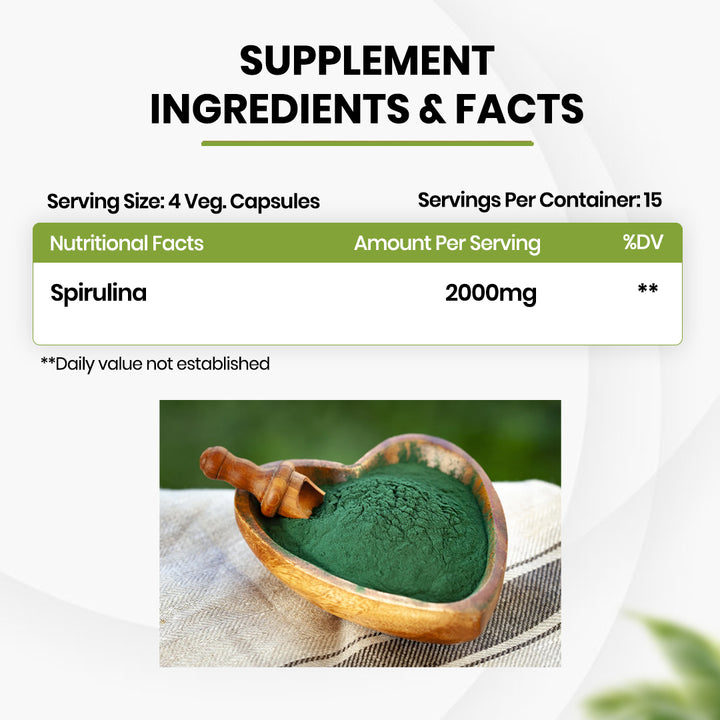 Vlado's Himalayan Organics Spirulina 2000mg Supplement | Green Food For Good Health Weight Management And Immunity Booster | Helps In Healthy Heart - 60 Veg Capsules