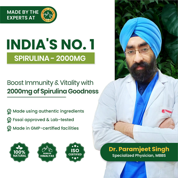 Vlado's Himalayan Organics Spirulina 2000mg Supplement | Green Food For Good Health Weight Management And Immunity Booster | Helps In Healthy Heart - 60 Veg Capsules