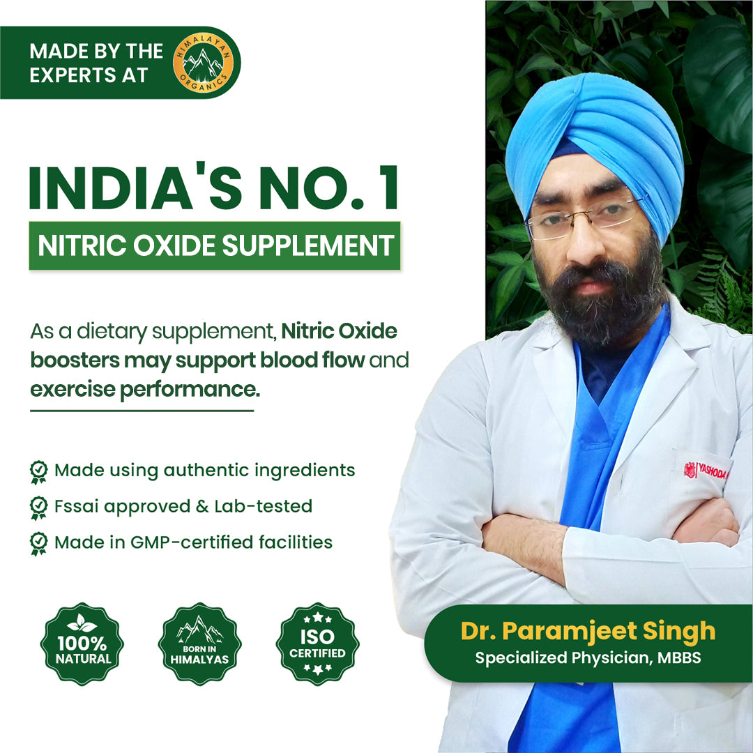 Vlado's Himalayan Organics Nitric Oxide 1400mg With L-Arginine HCI Caffeine Supplement | Good For Muscle Growth, Stamina, Recovery, Immune Booster & Energy- 60 Veg Capsules