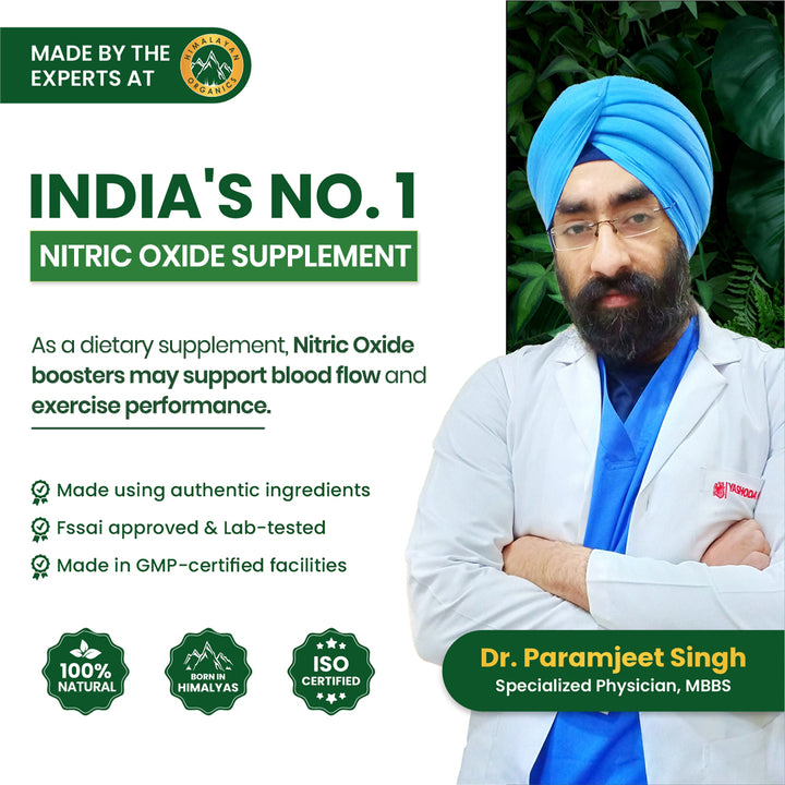 Vlado's Himalayan Organics Nitric Oxide 1400mg With L-Arginine HCI Caffeine Supplement | Good For Muscle Growth, Stamina, Recovery, Immune Booster & Energy- 60 Veg Capsules