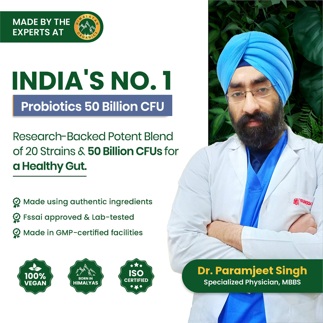 Vlado's Himalayan Organics Probiotics Supplement 50 billion CFU with Prebiotics 150mg for Digestion, Gut Health & Immunity - 60 Veg Capsules