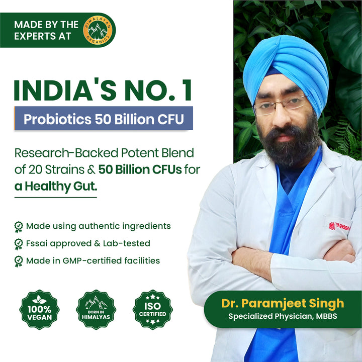 Vlado's Himalayan Organics Probiotics Supplement 50 billion CFU with Prebiotics 150mg for Digestion, Gut Health & Immunity - 60 Veg Capsules