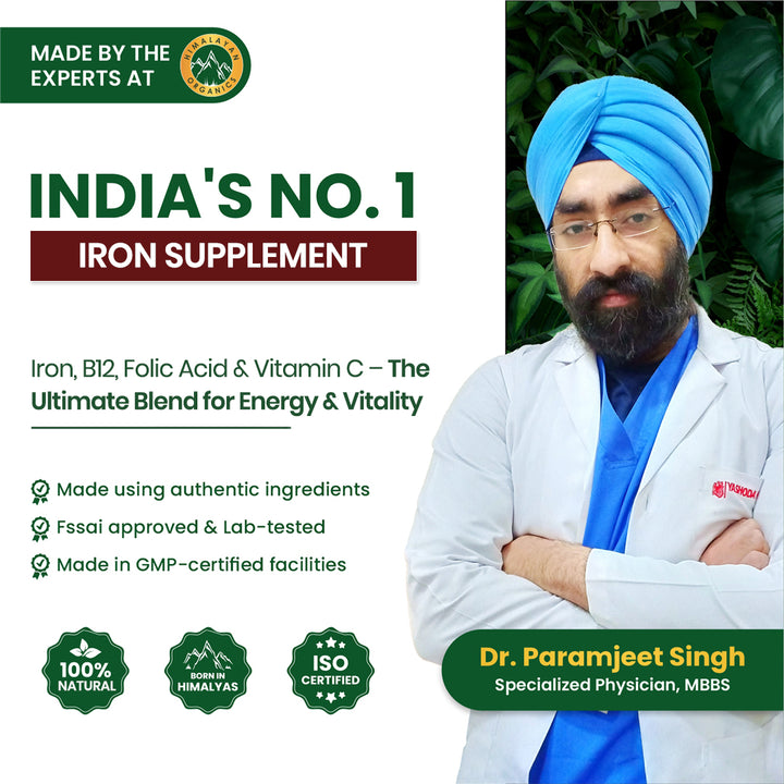 Vlado's Himalayan Organics Plant Based Iron with Folate for Better Hemoglobin, Immunity, Oxygen Binding Capacity - 90 Veg Capsules