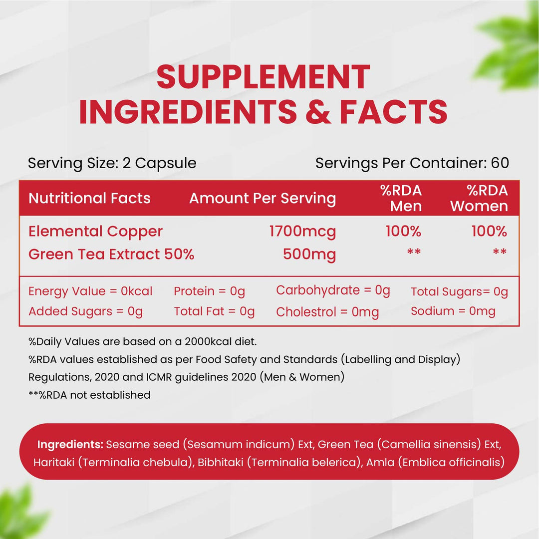 Vlado's Himalayan Organics Plant Based Copper 1700mcg with Green Tea Extract | Support Connective Tissues | Good For Bone Health - 120 Veg Capsules