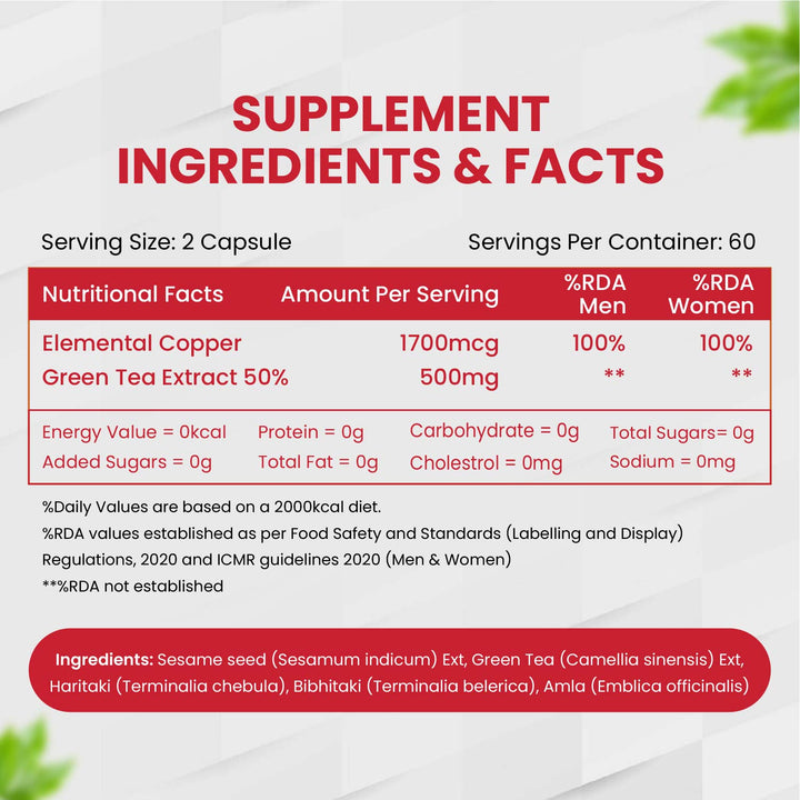 Vlado's Himalayan Organics Plant Based Copper 1700mcg with Green Tea Extract | Support Connective Tissues | Good For Bone Health - 120 Veg Capsules
