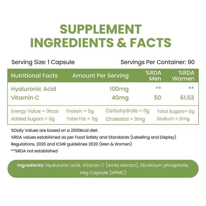 Vlado’s Himalayan Organics Hyaluronic Acid 100mg Supplement | Support Healthy Connective Tissue and Joints | Promote Youthful Glowing Skin - 90 Veg Capsules