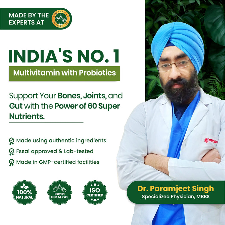 Vlado's Himalayan Organics Multivitamin with Probiotics (60 Tablets) 60 Ingredients for Men & Women with Vitamin C, D, E, B3, B12, Zinc, Giloy & Biotin