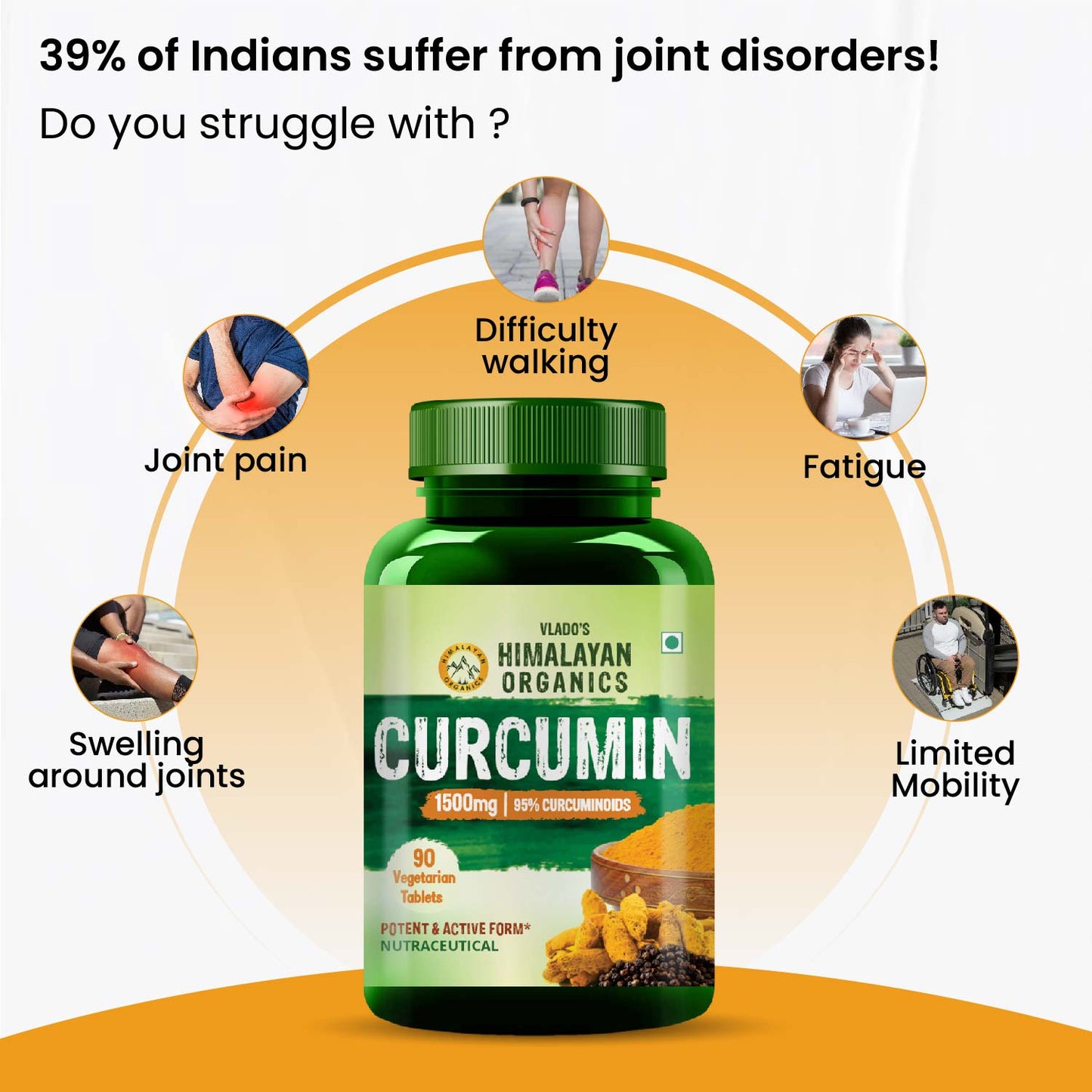 Vlado's Himalayan Organics Curcumin With Biopiperine 1500mg Tablets With 95% Curcuminoids Supplements For Better Absorption | Good For Skin & Joint pains | Immunity Booster for Men And Women - 90 Veg Tablets