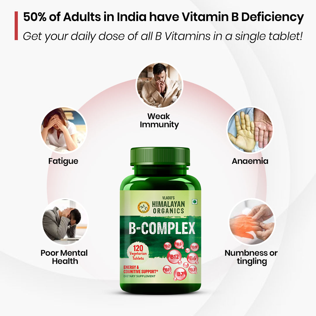 Vlado's Himalayan Organics Vitamin B Complex with 100% RDA B1, B2, B3, B5, B6, B7, B9 & B12 Supplement to Support Cognitive Health - 120 Veg Tablets