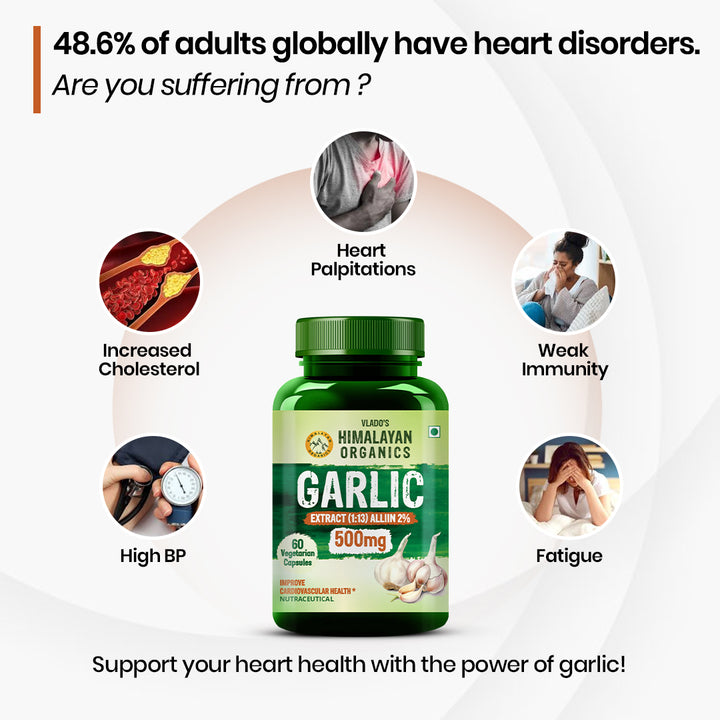 Vlado’s Himalayan Organics Garlic Extract 500Mg Supplement | Extract (1:13) Allium Sativum - 2% | Improve Heart Health, Boost Immunity, Maintain Cholesterol Level - 60 veg Capsules