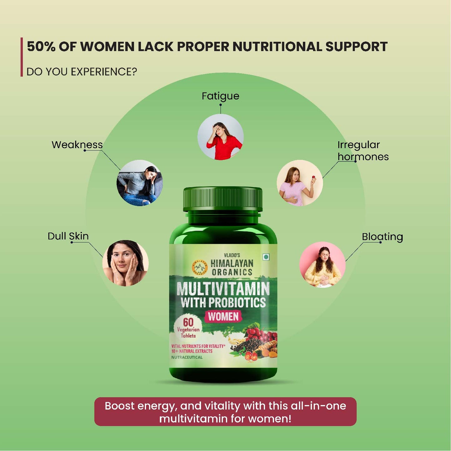 Vlado's Himalayan Organics Multivitamin with Probiotics for Women | 60 Veg Tabs | 60 + Natural Extracts, Essential Vitamins & Minerals |Vitamin D3, B12, Calcium, Curcumin & Biotin