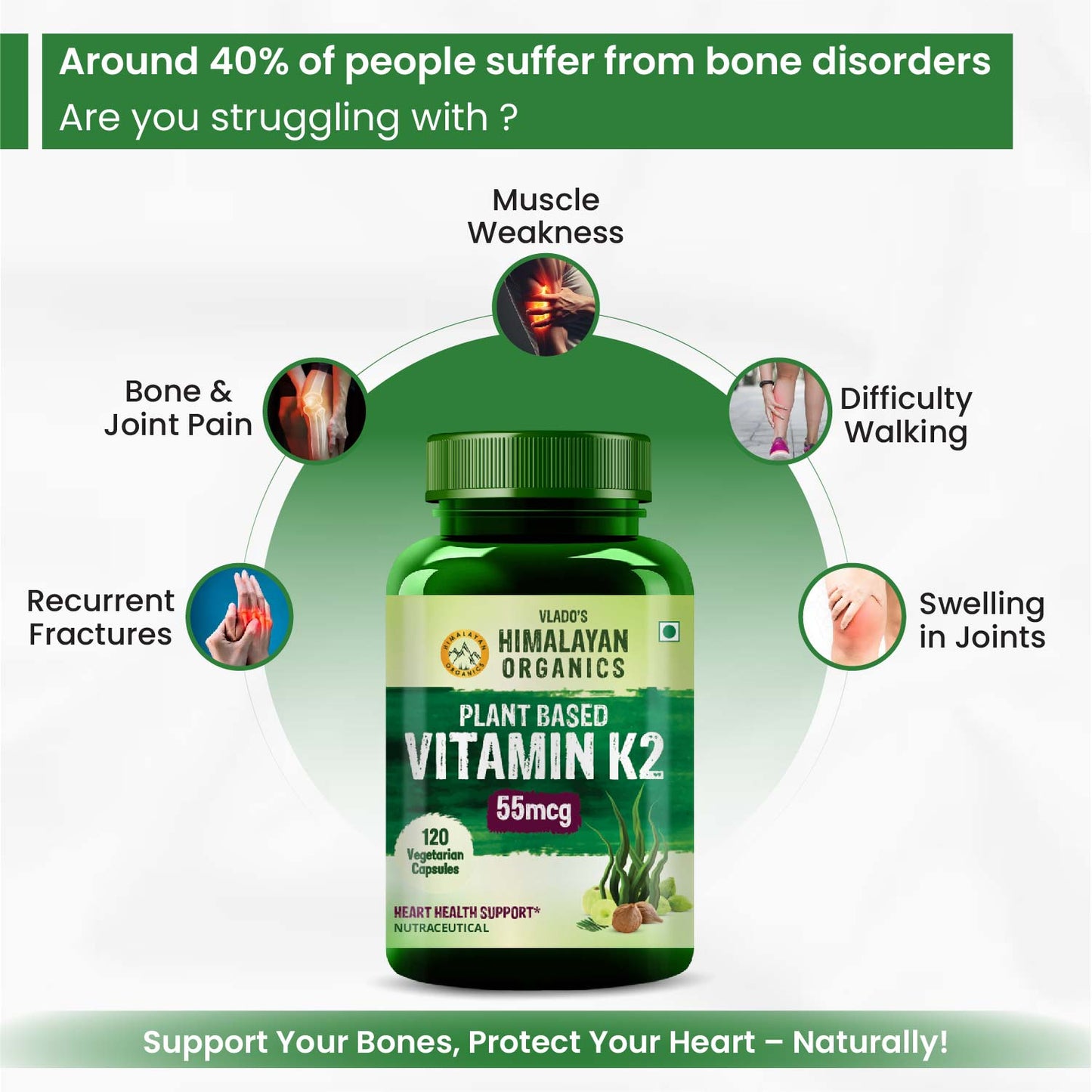 Vlado's Himalayan Organics Plant-Based Vitamin K2 Supplement Supports Stronger Bone & Heart Health - 120 Veg Capsules