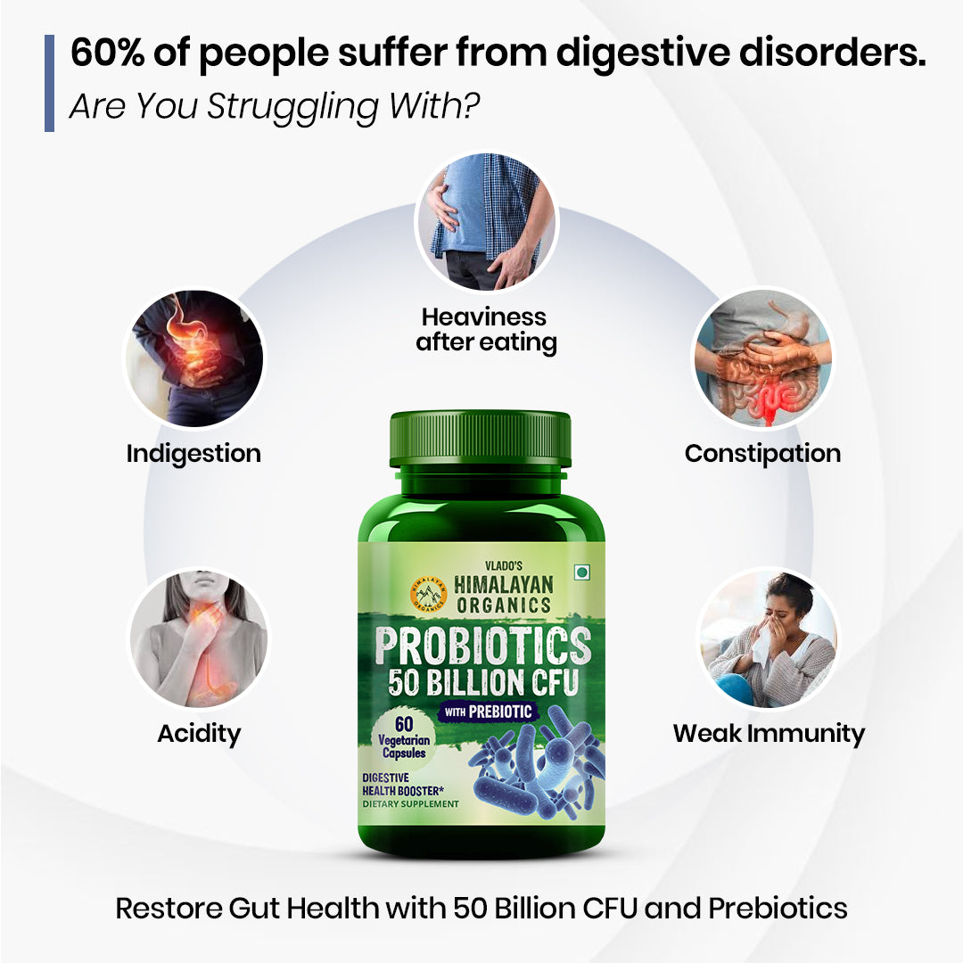 Vlado's Himalayan Organics Probiotics Supplement 50 billion CFU with Prebiotics 150mg for Digestion, Gut Health & Immunity - 60 Veg Capsules