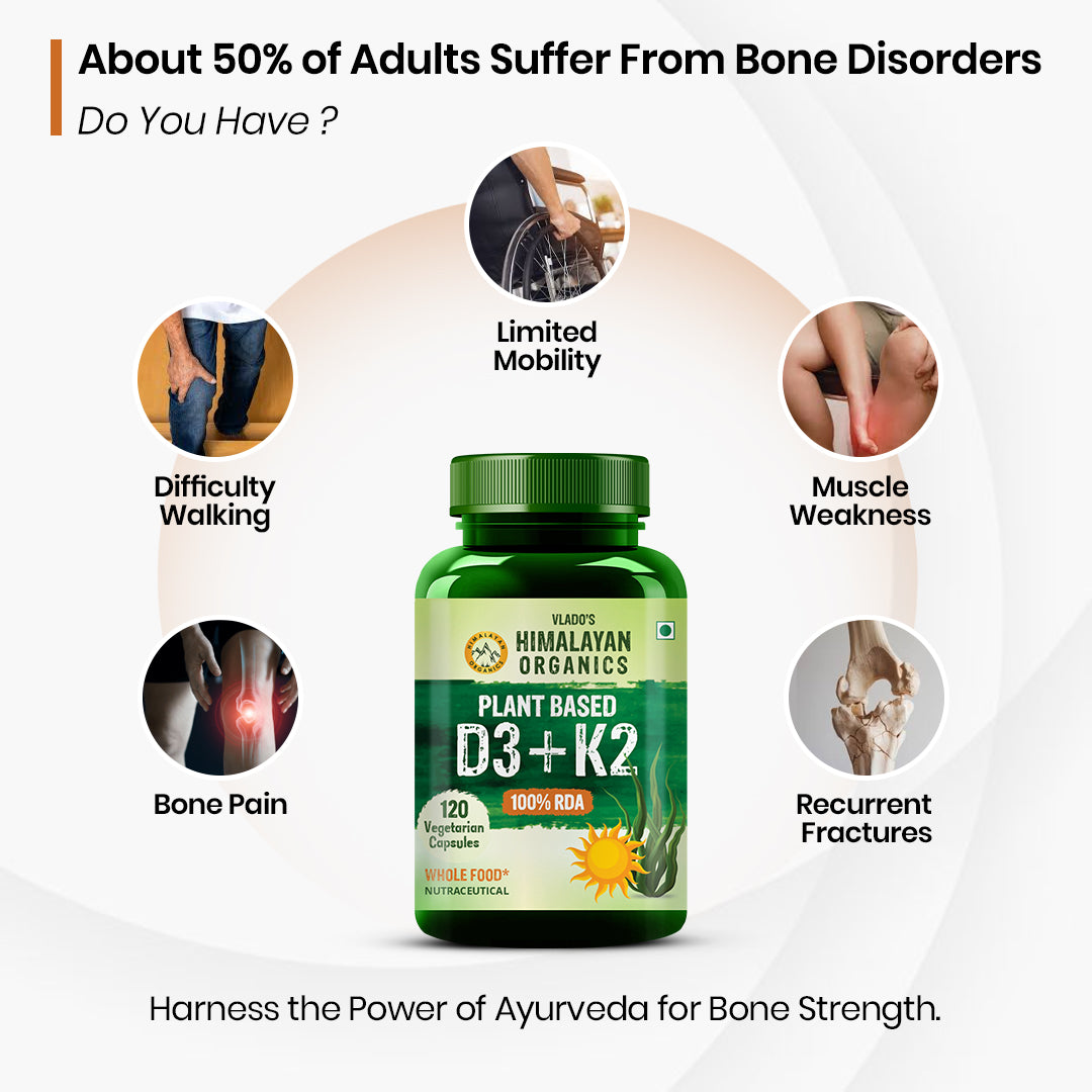 Vlado's Himalayan Organics Plant Based 600iU Supplement | Vitamin D3(Lichen) + K2(Menaquinone Mk7) | Faster Absorption | Boost Immunity | Healthy Bones -120 Veg Capsules