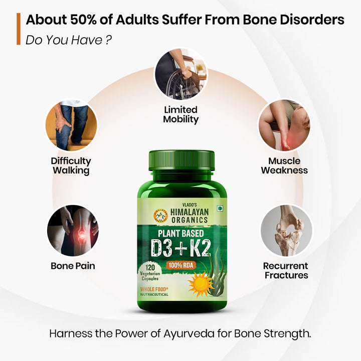 Vlado's Himalayan Organics Plant Based 600iU Supplement | Vitamin D3(Lichen) + K2(Menaquinone Mk7) | Faster Absorption | Boost Immunity | Healthy Bones -120 Veg Capsules
