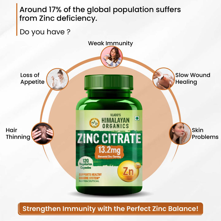 Vlado's Himalayan Organics  Zinc Citrate | Support Healthy Immune Function | Improve Iron Absorption | Antioxidant Support - 120 Veg Capsules
