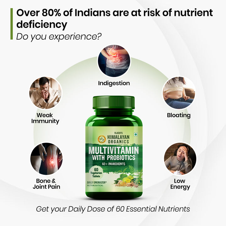 Vlado's Himalayan Organics Multivitamin with Probiotics (60 Tablets) 60 Ingredients for Men & Women with Vitamin C, D, E, B3, B12, Zinc, Giloy & Biotin