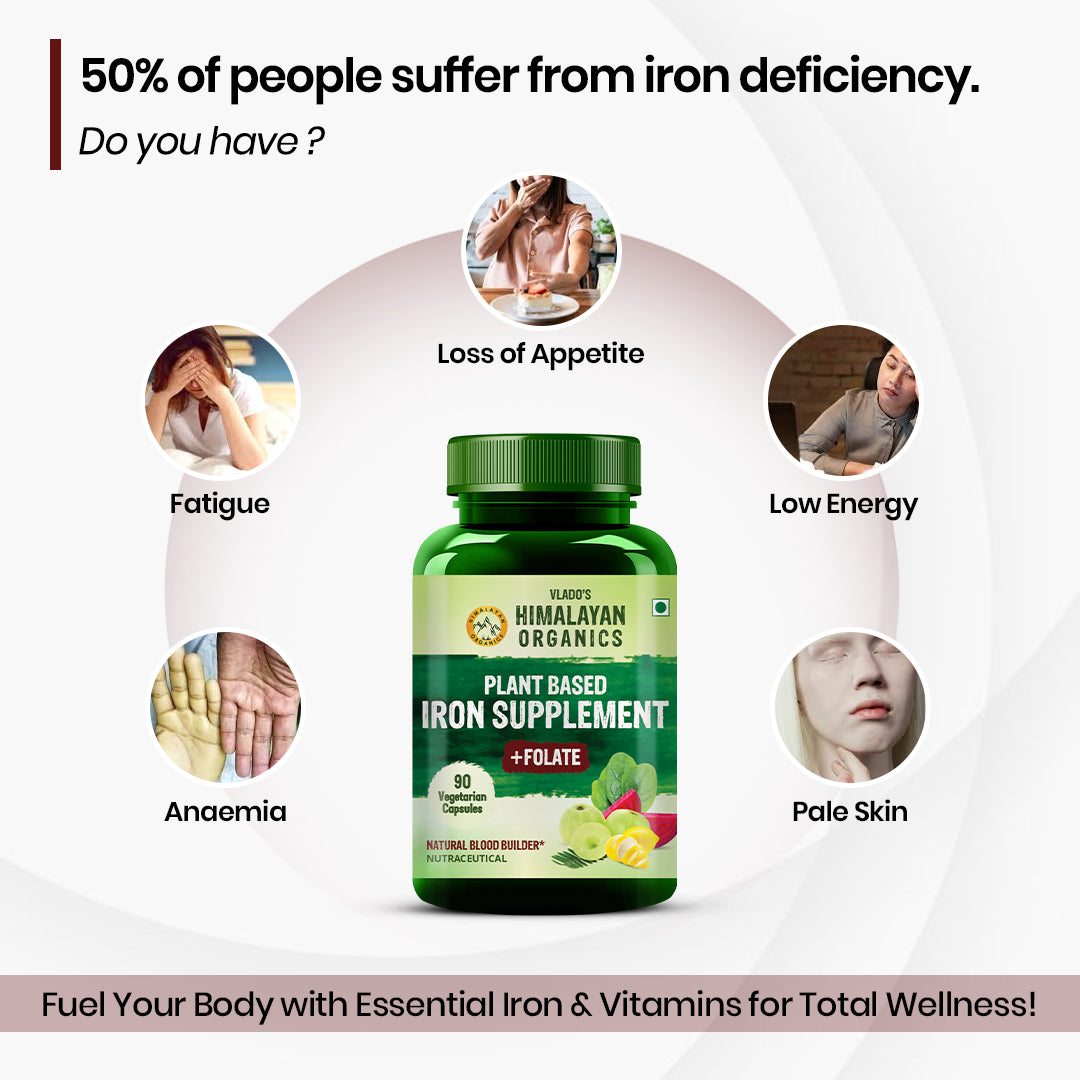 Vlado's Himalayan Organics Plant Based Iron with Folate for Better Hemoglobin, Immunity, Oxygen Binding Capacity - 90 Veg Capsules