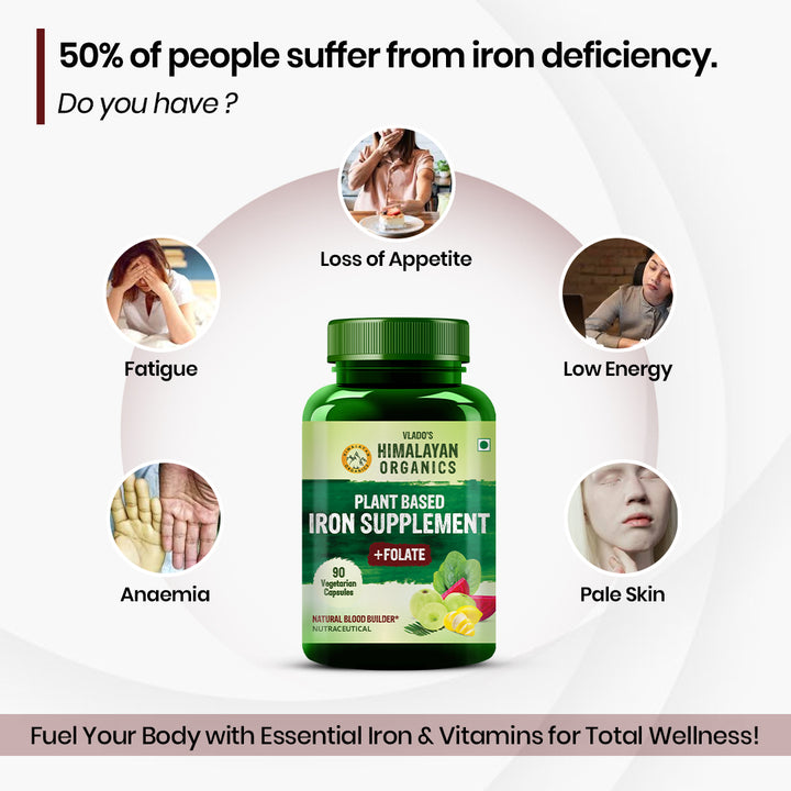 Vlado's Himalayan Organics Plant Based Iron with Folate for Better Hemoglobin, Immunity, Oxygen Binding Capacity - 90 Veg Capsules