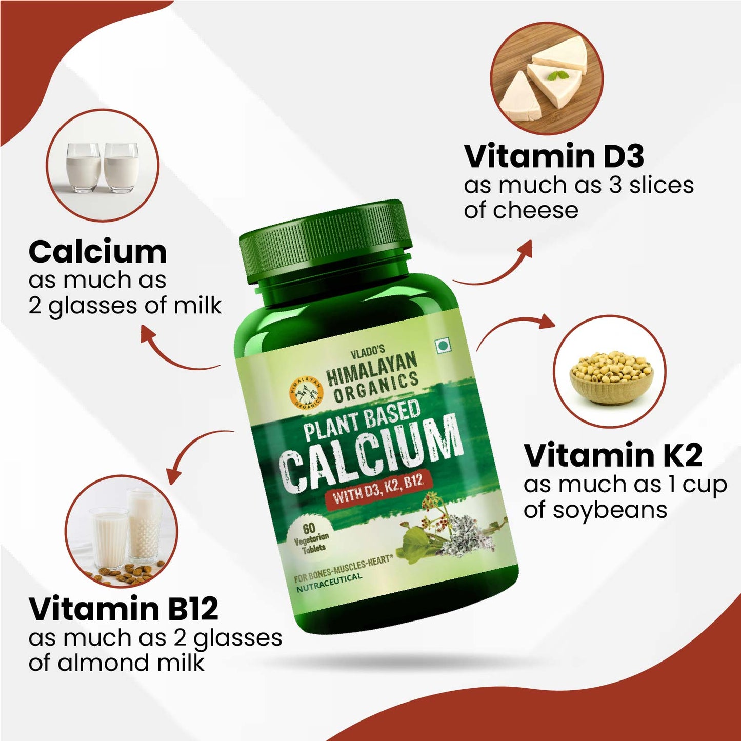 Vlado's Himalayan Organics Plant Based Calcium 650mg Supplement For Better Absorption | Healthy Bones And Heart | Recovery And Joint Support  - 60 Veg Tablets