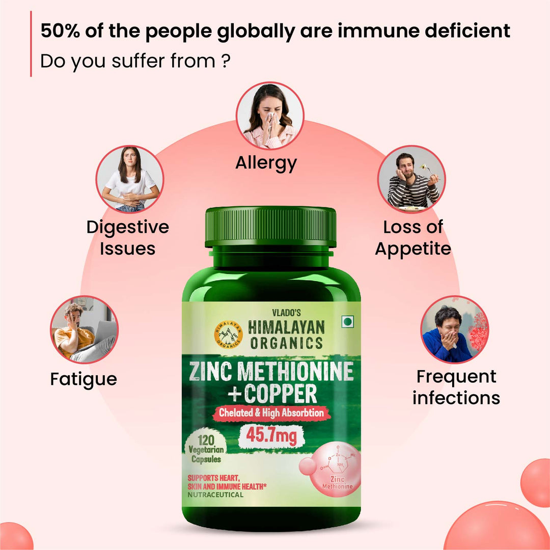 Vlado's Himalayan Organics Zinc Methionine Chelated Copper | Support Healthy Immune | Promotes  Skeetal  Health | Antioxidant Support - 120 Veg Capsules