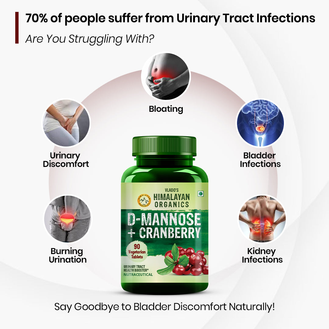 Vlado's Himalayan Organics D-MANNOSE + CRANBERRY Antioxidant Rich Supplement for Kidney Health & Urinary Tract Infection - 90 Tablets