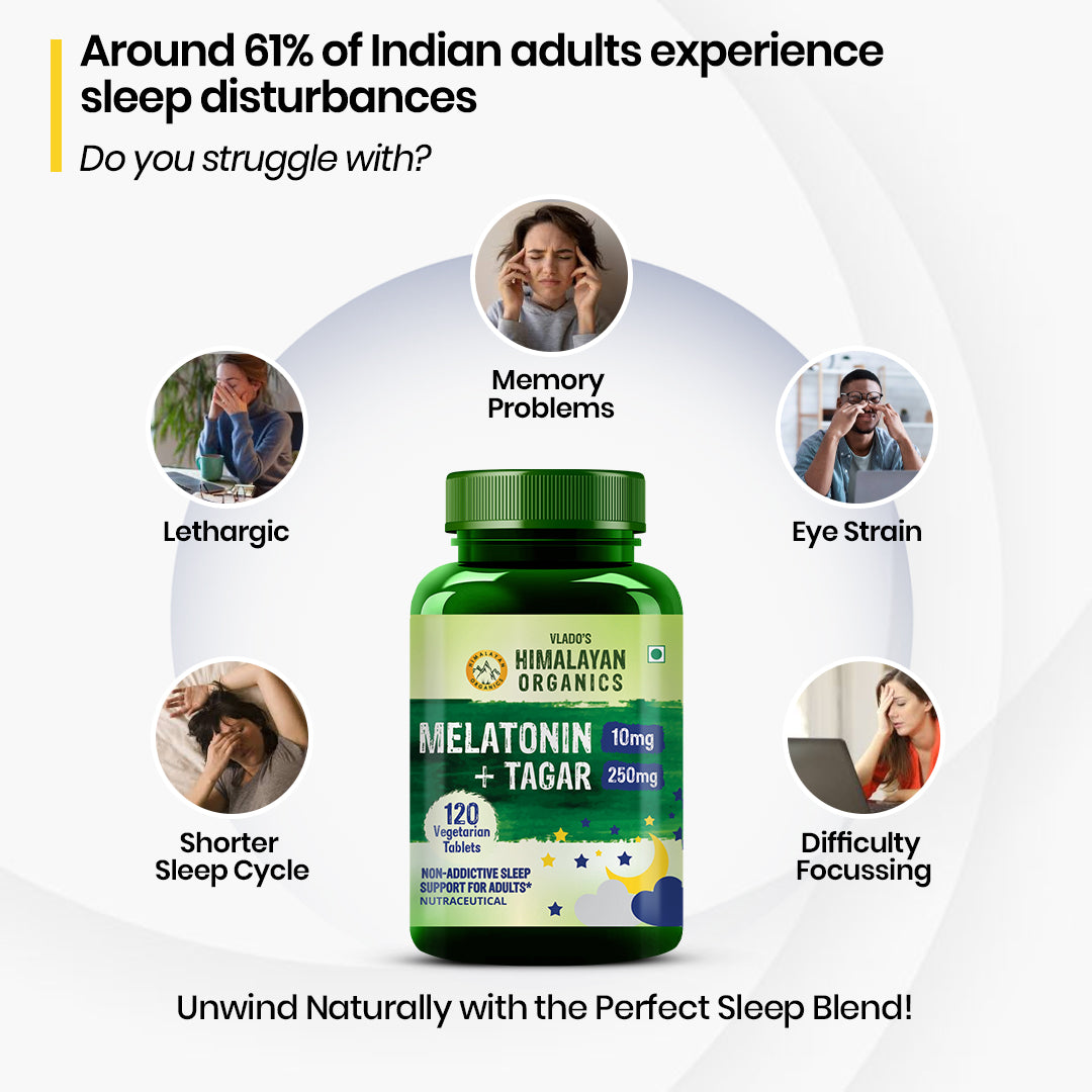 Vlado's Himalayan Organics Melatonin 10mg + Tagar 250mg | Non-Habit Forming, Potent Sleep Aid Formula  - 120 Veg Tabs