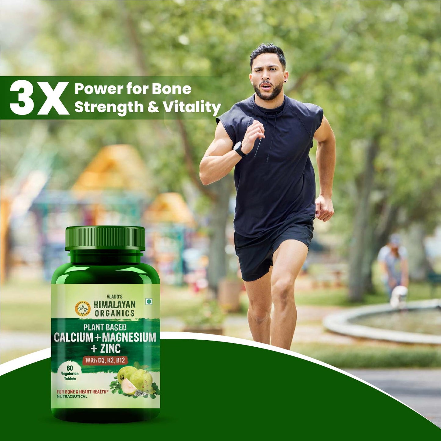 Vlado's Himalayan Organics Plant Based Calcium Magnesium + Zinc | Vitamin D3+k2 Supplement For Stronger Bones | Boost Immunity | Healthy Heart | Muscle Growth - 60Veg Tablets