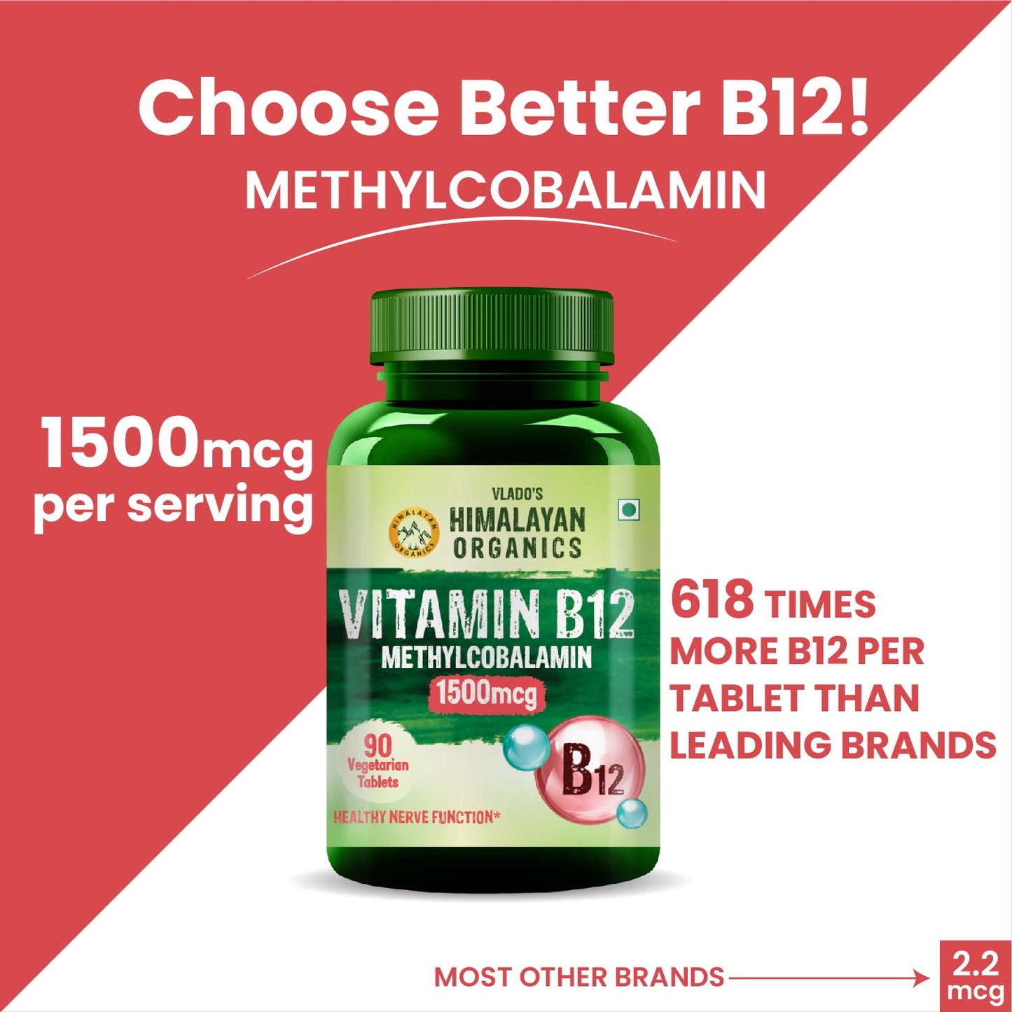 Vlado's Himalayan Organics Methylcobalamin Vitamin B12 1500mcg Supplement support Brain, Nerve Function and Energy - 90 Veg Tablets