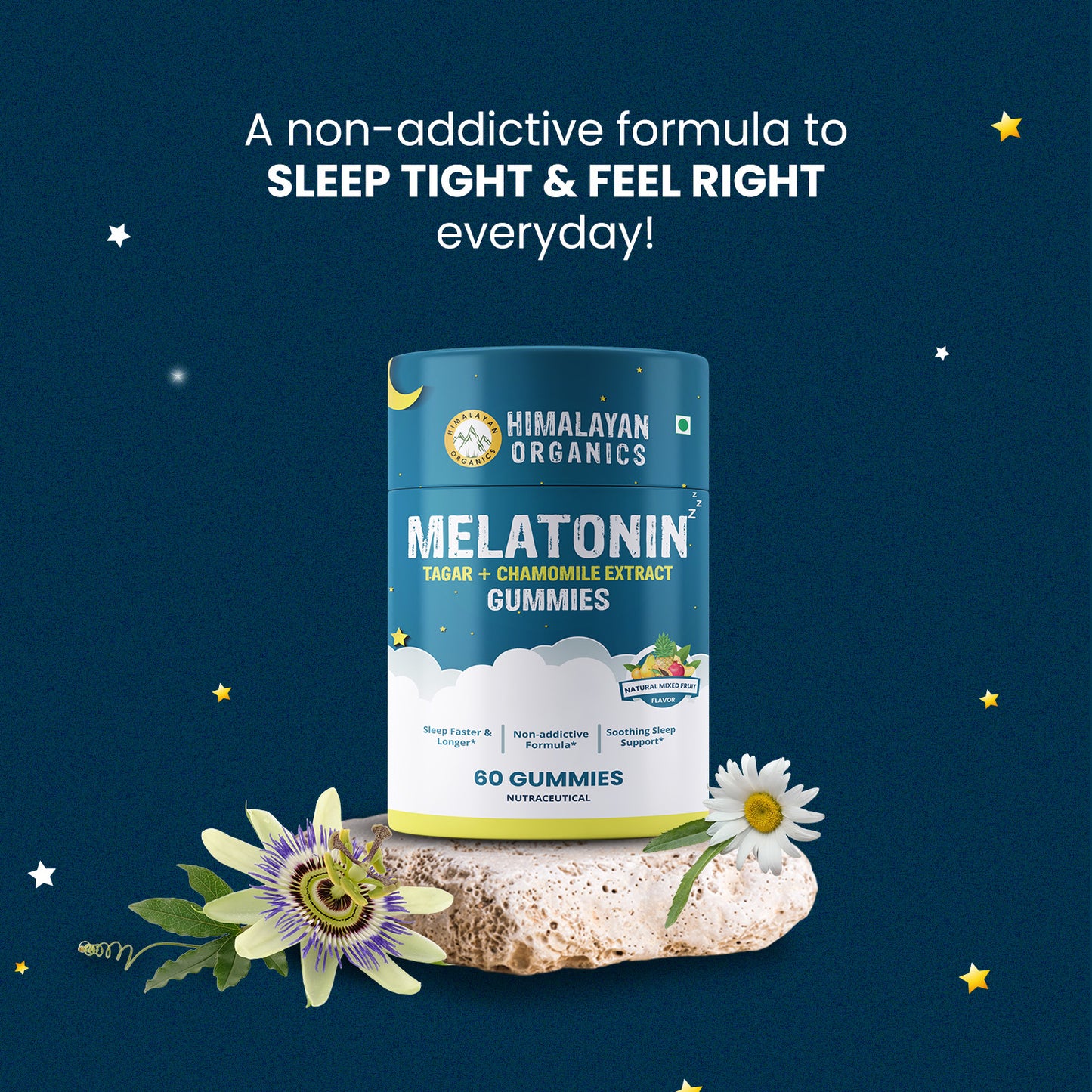 Himalayan Organics Melatonin Tagar + Chamomile Extract Gummies | Sleep Faster & Longer | Non-addictive Formula | Soothing Sleep Support (60 Gummies)