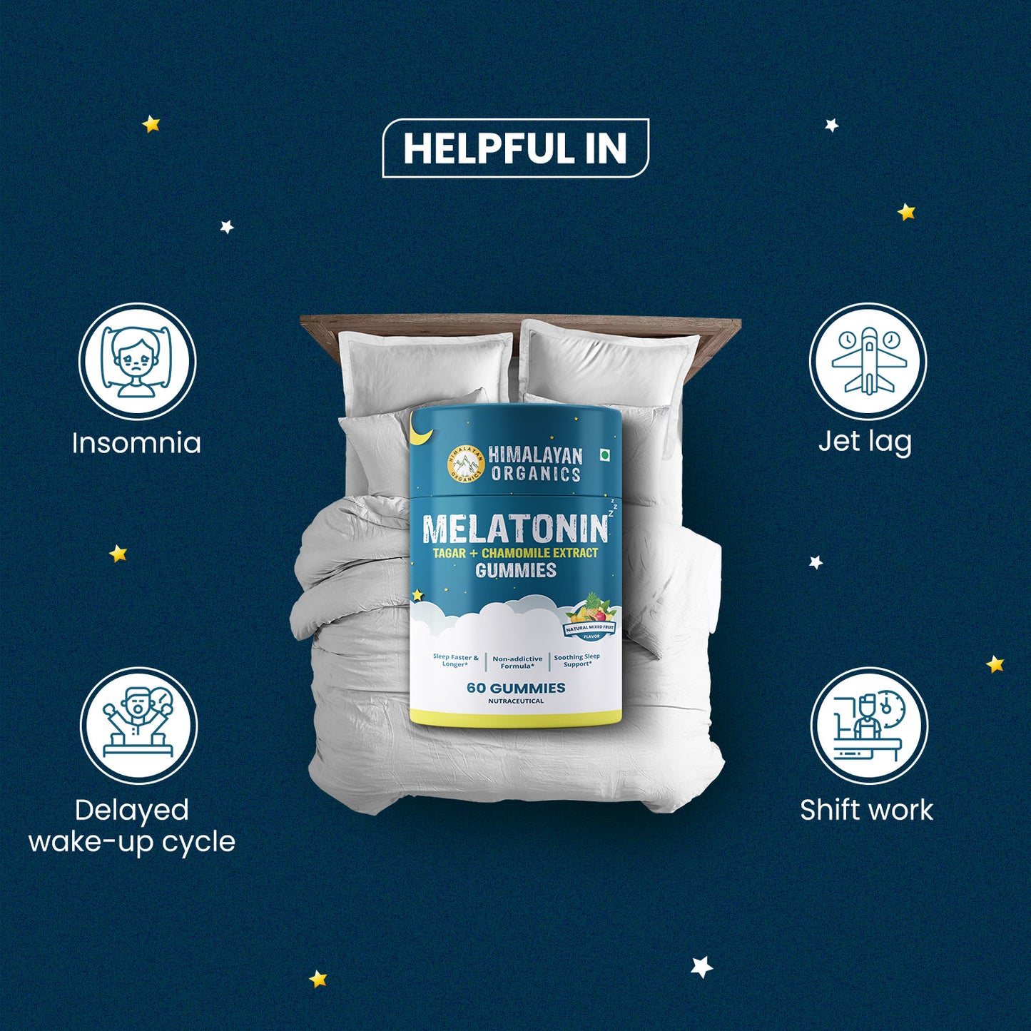 Himalayan Organics Melatonin Tagar + Chamomile Extract Gummies | Sleep Faster & Longer | Non-addictive Formula | Soothing Sleep Support (60 Gummies)