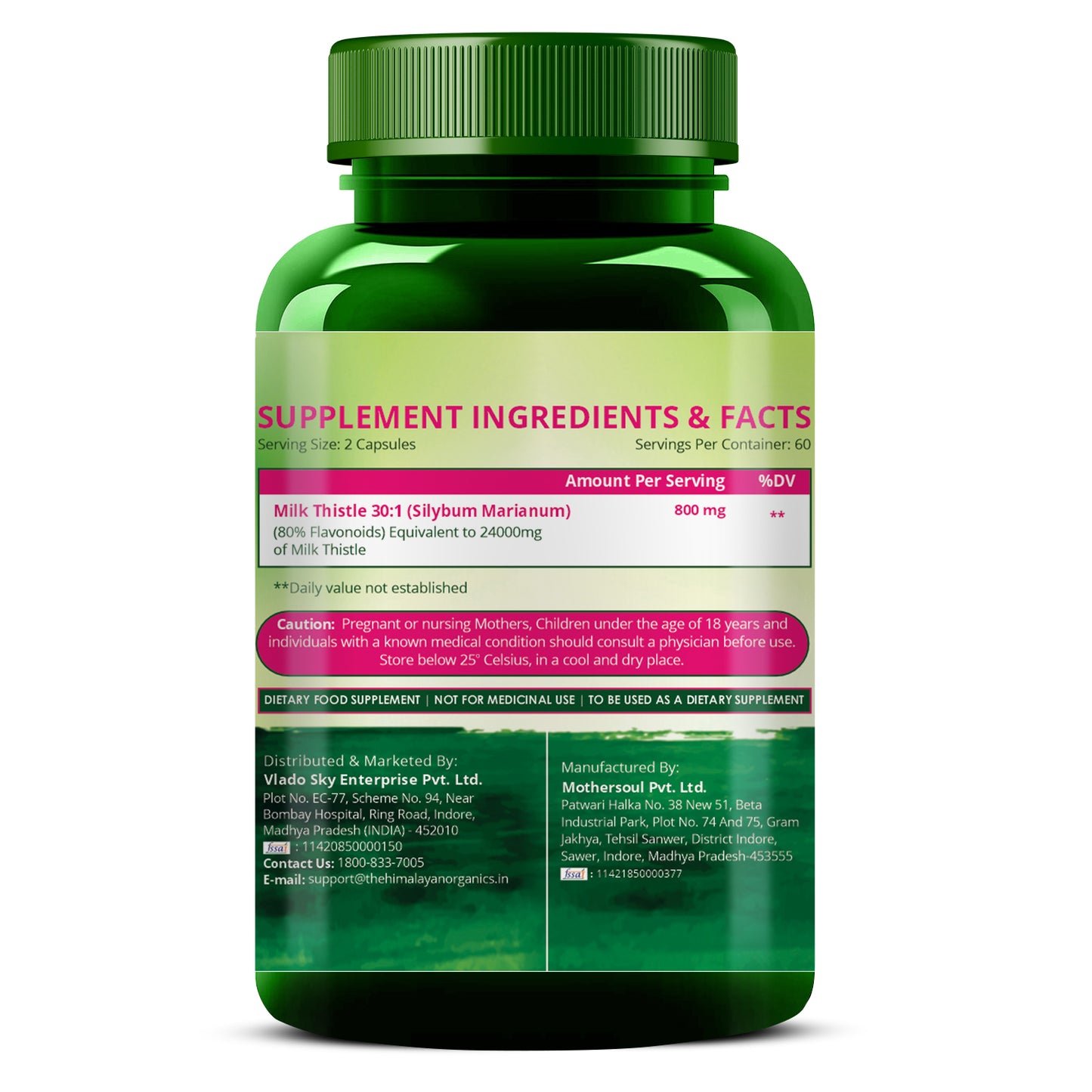 Vlado's Himalayan Organics Milk Thistle Extract Silymarin 800mg/Serve - 120 Vegetarian Capsules