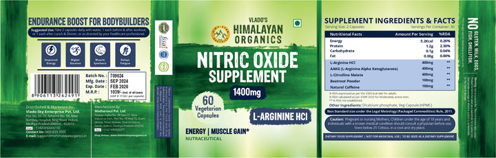 Vlado's Himalayan Organics Nitric Oxide 1400mg With L-Arginine HCI Caffeine Supplement | Good For Muscle Growth, Stamina, Recovery, Immune Booster & Energy- 60 Veg Capsules