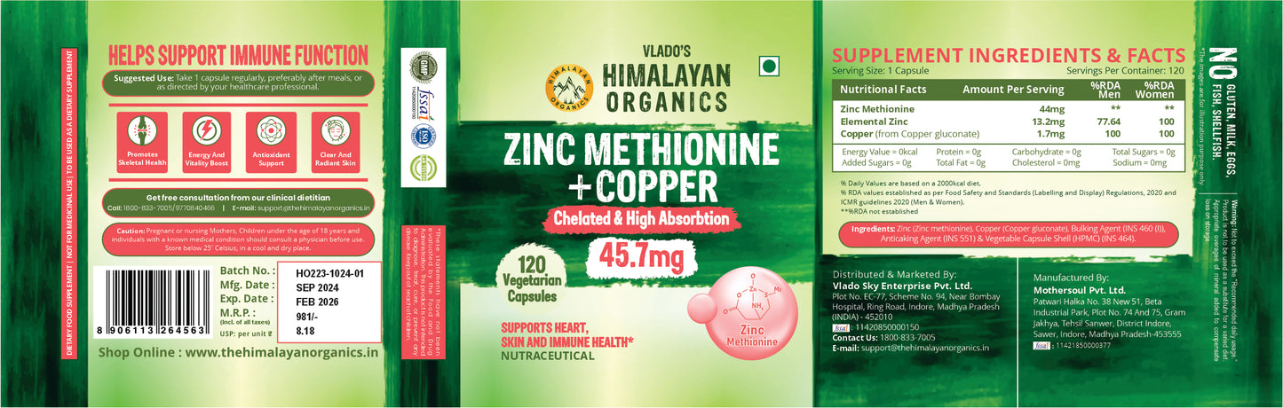 Vlado's Himalayan Organics Zinc Methionine Chelated Copper | Support Healthy Immune | Promotes  Skeetal  Health | Antioxidant Support - 120 Veg Capsules