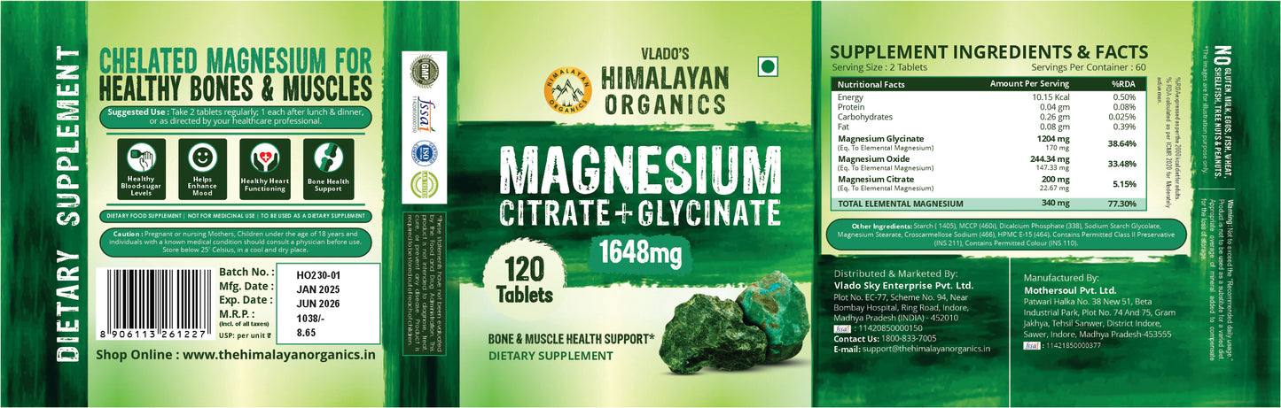 Vlado's Himalayan Organics Magnesium Complex Supplement | 1648mg | with Magnesium Glycinate, Magnesium Citrate, Magnesium Oxide - 120 Veg Tablets