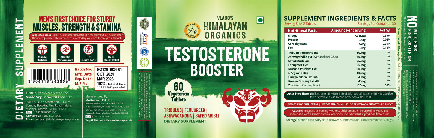 Vlado's Himalayan Organics Testosterone Booster | Supports Muscle & Energy Boost | With Tribulus, Ashwagandha, Safed Musli & Zinc | 60 Veg Tabs
