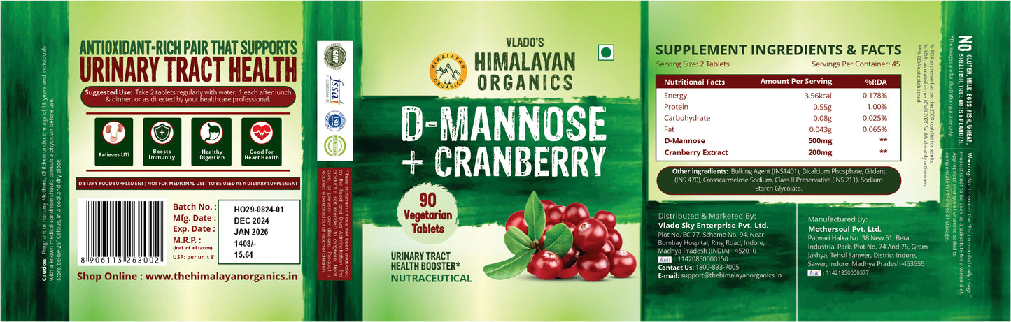 Vlado's Himalayan Organics D-MANNOSE + CRANBERRY Antioxidant Rich Supplement for Kidney Health & Urinary Tract Infection - 90 Tablets