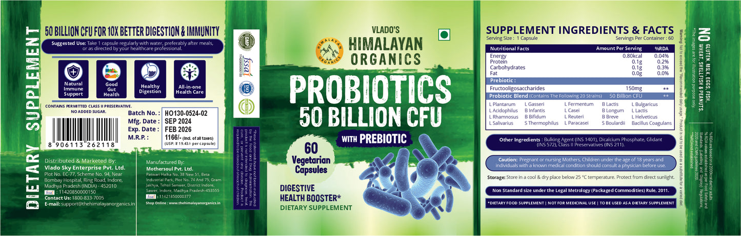 Vlado's Himalayan Organics Probiotics Supplement 50 billion CFU with Prebiotics 150mg for Digestion, Gut Health & Immunity - 60 Veg Capsules